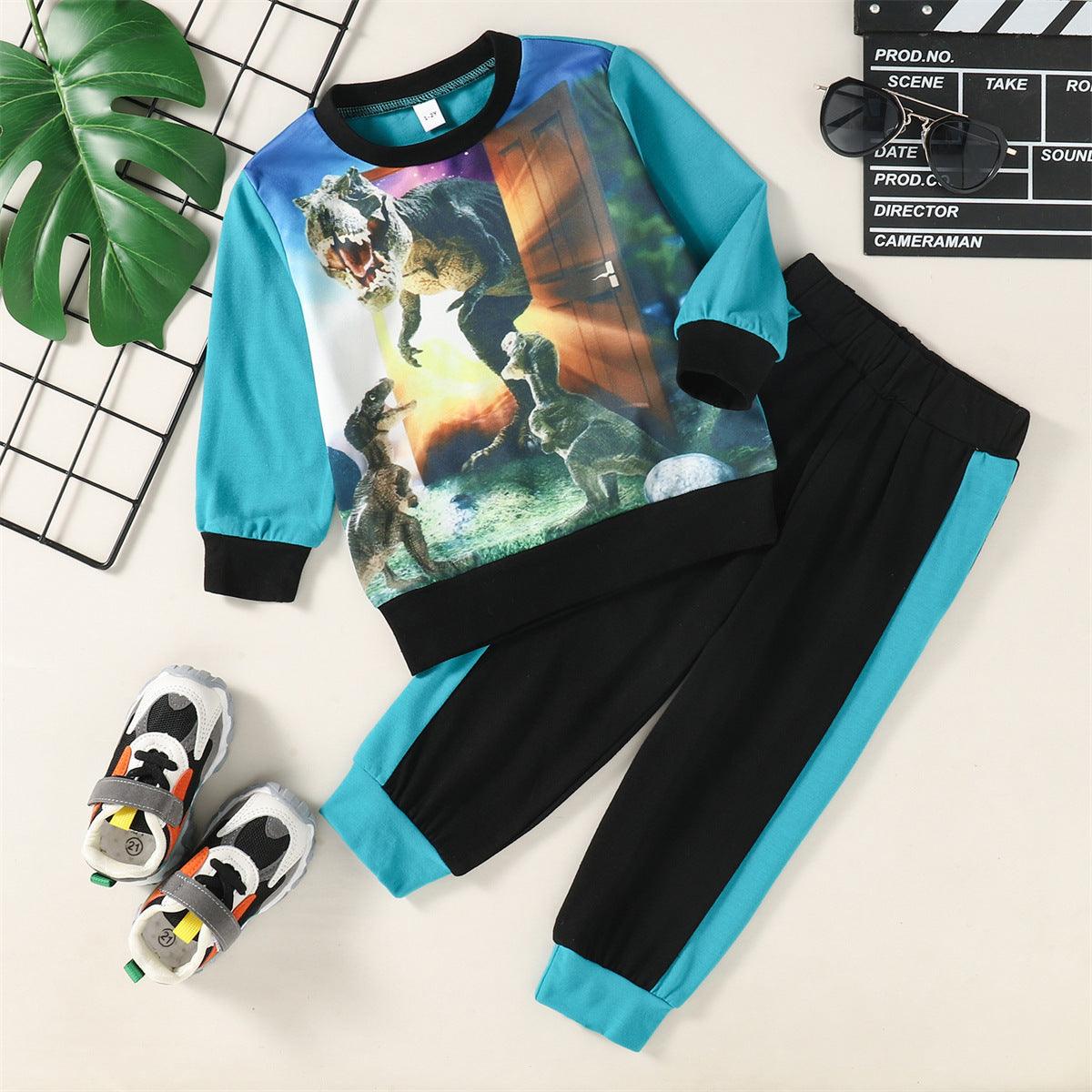 Toddler Kids Boys 3D Printed Dinosaur Patchwork Sweatshirt Set - PrettyKid