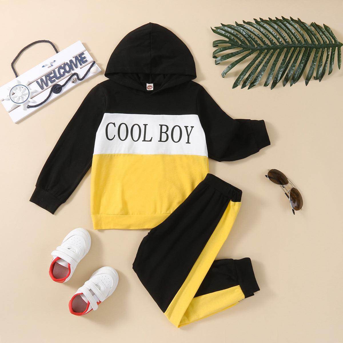 Toddler Kids Boys Long Sleeved Multi-color Patchwork Letter Print Hooded Sweatshirt Suit - PrettyKid