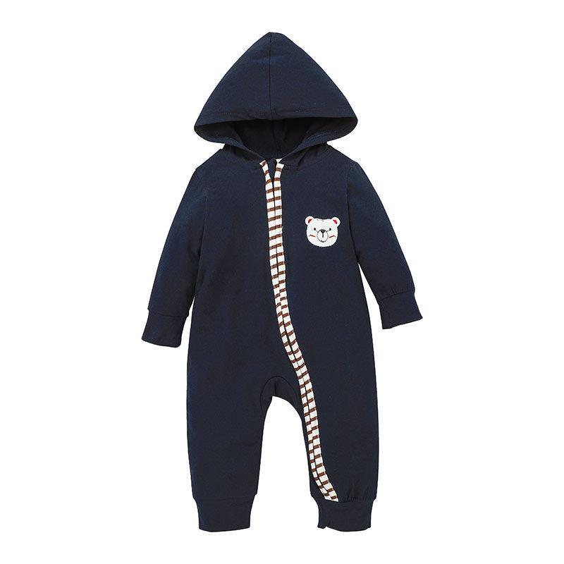 Baby Boys Girls Solid Color Cartoon Bear Embroidered Zipper Long Sleeve Jumpsuit - PrettyKid