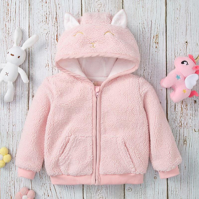 Toddler Girl Solid Lovely Pink Lamb Wool Zip Coat - PrettyKid