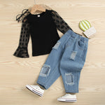 Denim Suit Girl's Mesh Flare Sleeve Hole Pullover Casual Hole Denim Trousers