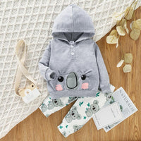 Toddler Boys Girls Solid Color Cartoon Print Hooded Long Sleeved Sweatshirt Set - PrettyKid