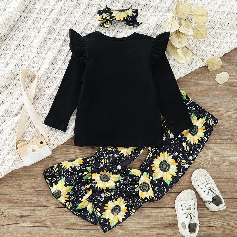 Toddler Kids Girl Solid Color Long-sleeved Tops Floral Print Flared Pants Bow - PrettyKid