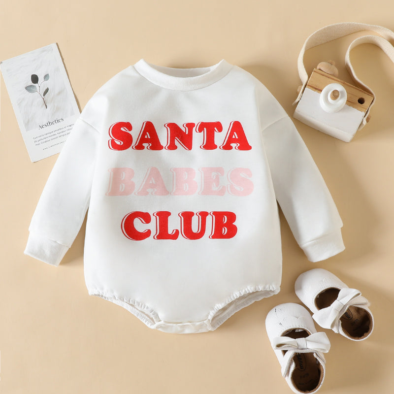 Baby Boys Girls Solid Color Letter Print Round Neck Long Sleeve One-piece Crawl Suit - PrettyKid