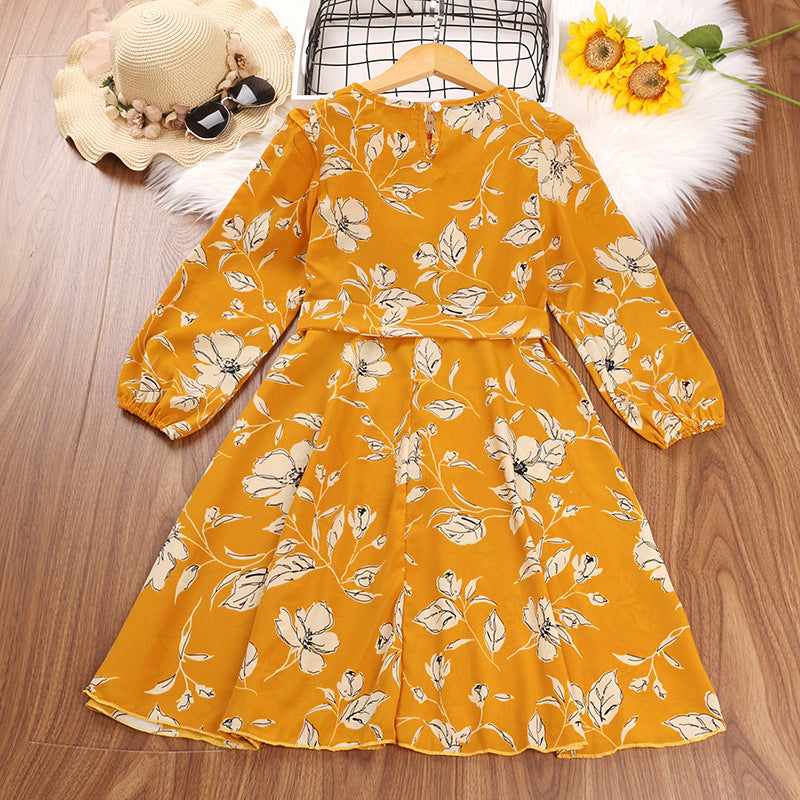 Girls Solid Color Floral Print Round Neck Long Sleeve Dress with Belt - PrettyKid