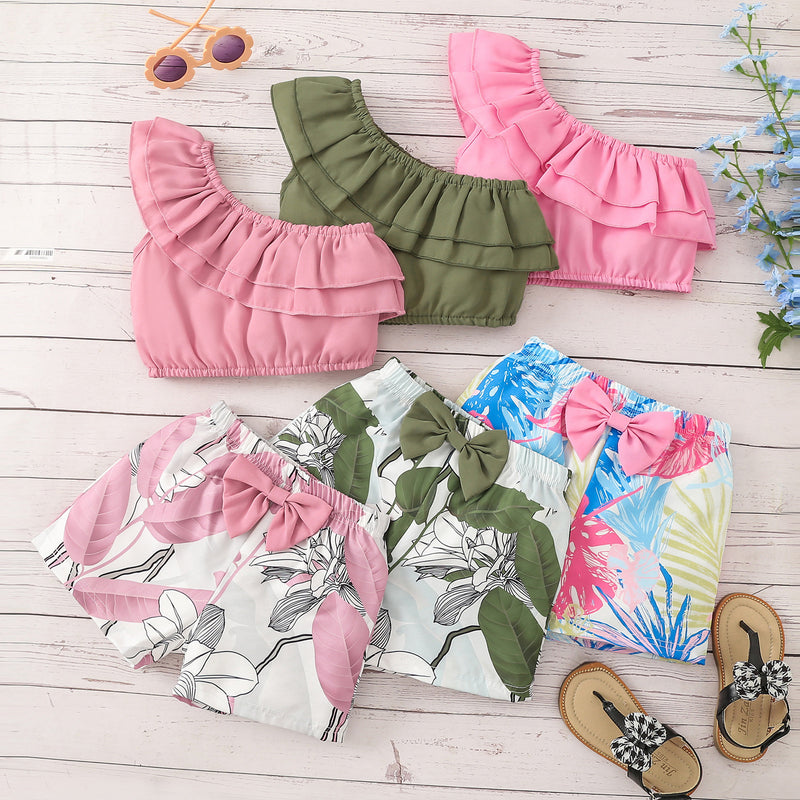Children's Suit One Shoulder Shorts Small and Medium Girl Set Summer Two Piece Set