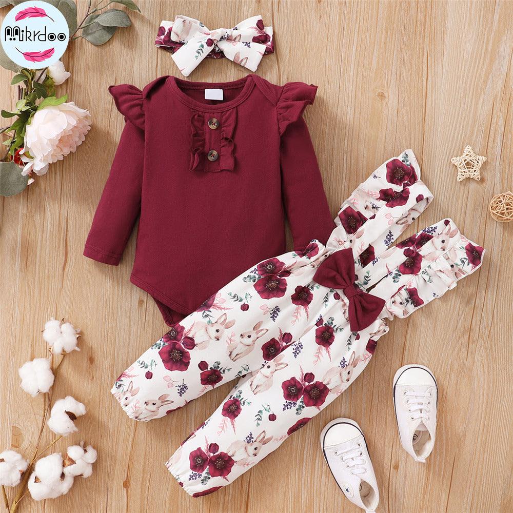 Long sleeved romper with floral straps, pants, headband, 3-piece set in stock