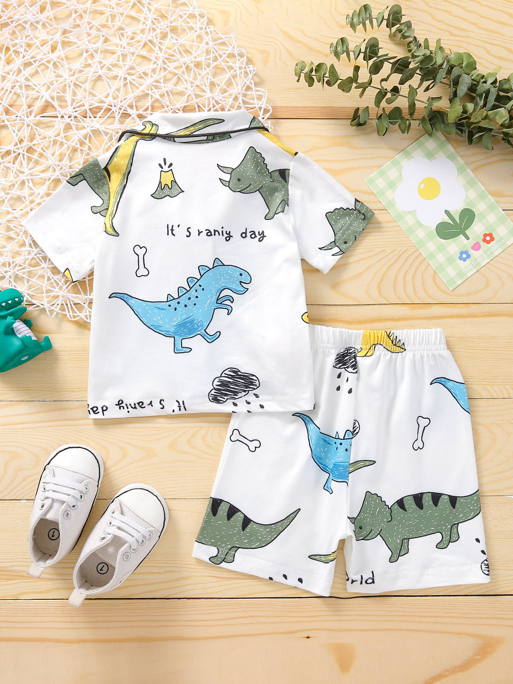 Toddler Boys Cotton Silk Cartoon Dinosaur Printed Shirt Shorts Pajamas Summer Home Clothes - PrettyKid