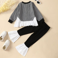 Toddler Kids Girls' Long Sleeved Bird Check Ruffle Top Black Trousers Set - PrettyKid