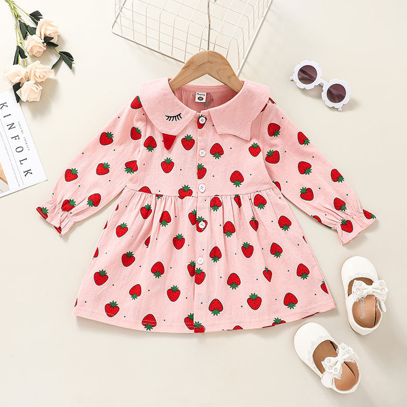 Toddler Kids Pink Strawberry Print Long Sleeve Dress - PrettyKid