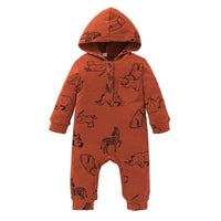 Baby Boys Girls Cartoon Animal Print Solid Color Hooded Long Sleeved Jumpsuit - PrettyKid