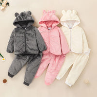 Toddler Boys Girls Solid Cartoon Fluffy Hooded Zipper Set - PrettyKid