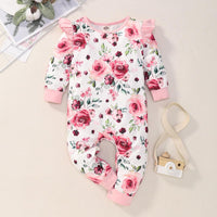 Baby Girls' One-piece Clothes Autumn and Winter Infant Children's Long Sleeved Rose Printed Ha Clothes Flower One-piece Climbing Clothes - PrettyKid