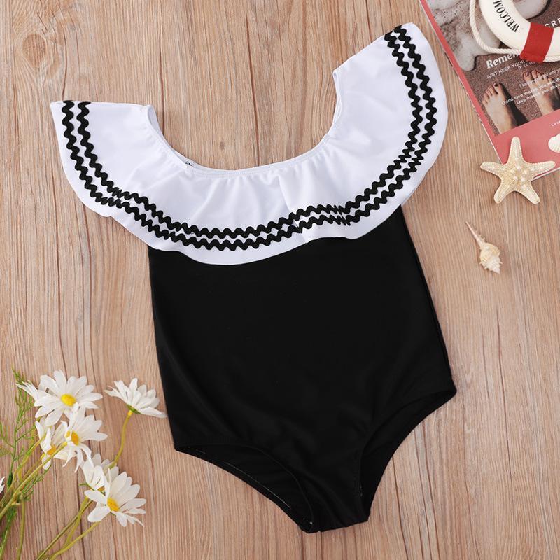 Black Wave Embroidery Flounced Sleeve Children's Swimsuit - PrettyKid