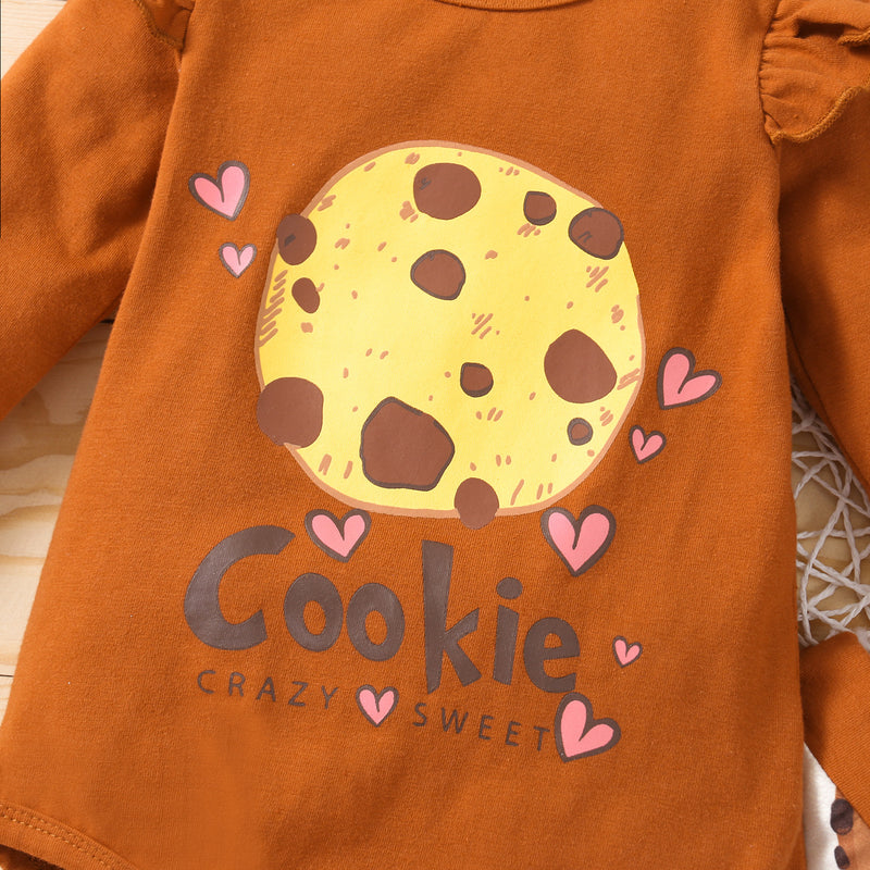 Baby Girl Solid Color Long Sleeve Cookie Print Jumpsuit Suit - PrettyKid