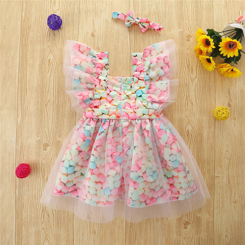 Toddler Kids Girls Color Printed Bow Mesh Stitched Sleeveless Dress - PrettyKid