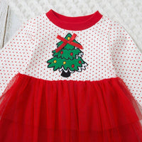 Toddler Kids Girls Christmas Tree Print Polka Dot Mesh Long Sleeve Dress Christmas Dress - PrettyKid