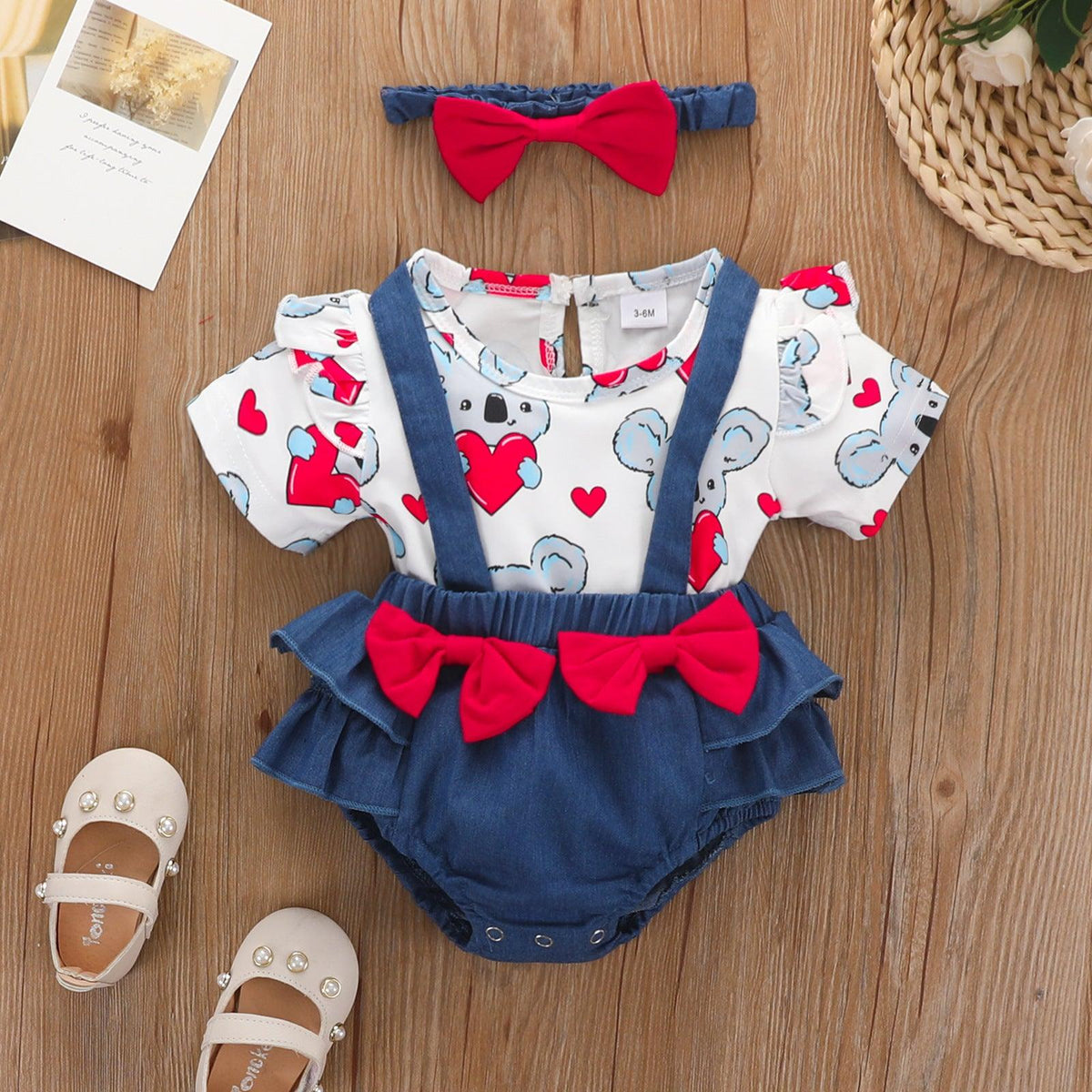 Toddler Boys Girls Cartoon Koala Love Printed Top Denim Strap Bow Pants Set - PrettyKid