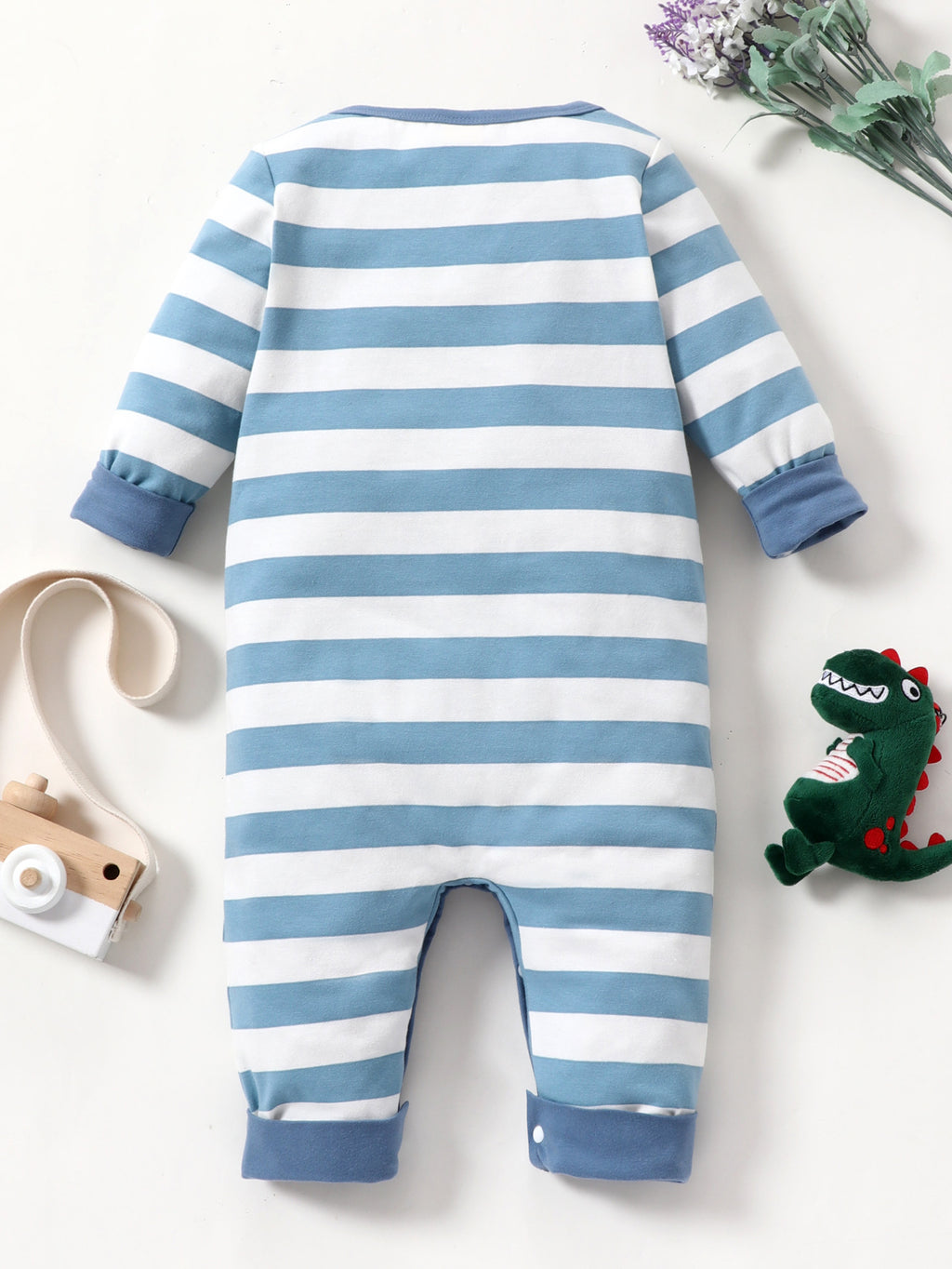 Baby Boys' Long Sleeved Striped Dinosaur Print Jumpsuit - PrettyKid