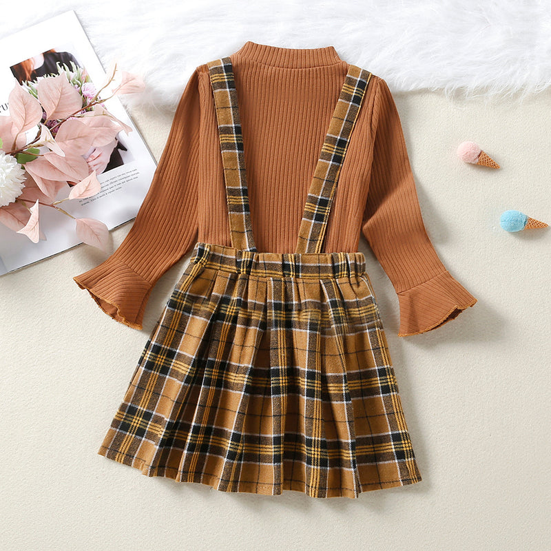 Toddler Kids Girls' Brown Knitted Top with Suspender Skirt Two Piece Set - PrettyKid