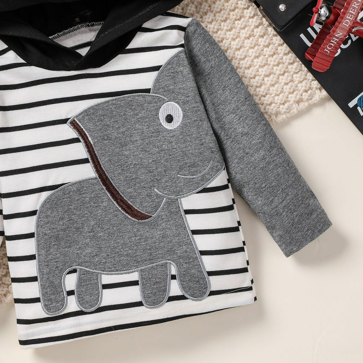 Toddler Boys Striped Print Elephant Embroidery Hooded Sweatshirt Suit - PrettyKid