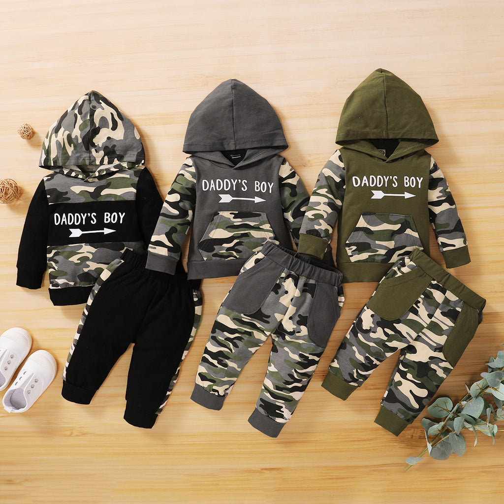 Toddler Boys Camouflage Letter Printed Long Sleeve Hooded Sweater Set - PrettyKid
