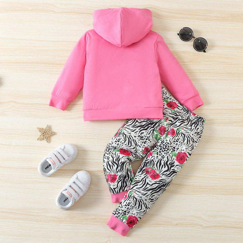 Toddler Kids Girls Solid Color Letter Print Animal Print Long Sleeve Hooded Sweatshirt Suit - PrettyKid