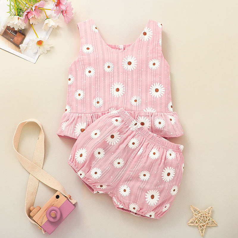 Toddler Girls Summer Solid Flower Print Vest Top Shorts Set - PrettyKid