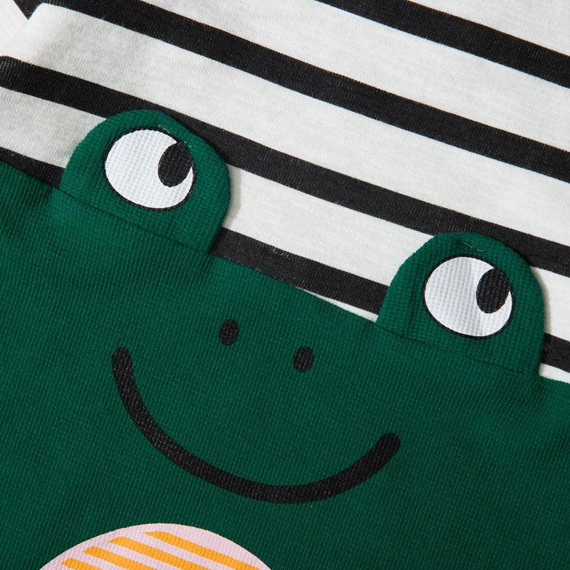 Baby Boys Green Striped Frog Long Sleeve Jumpsuit - PrettyKid