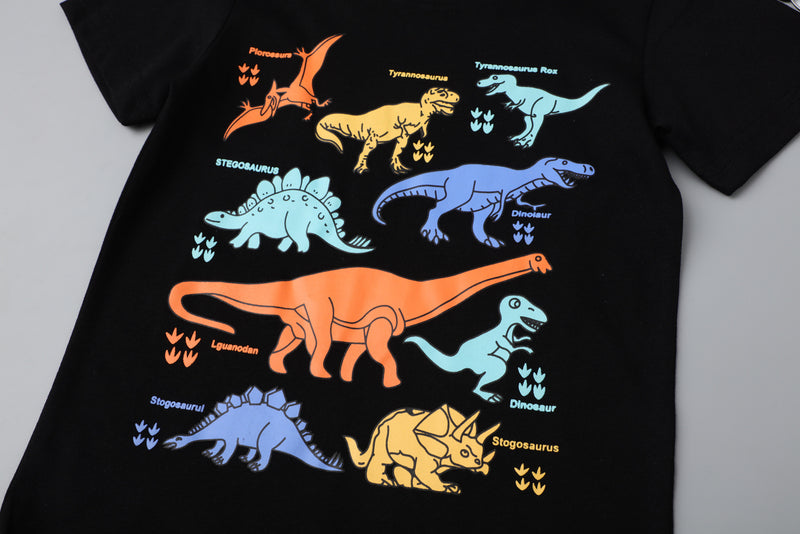 Toddler Kids Boys Solid Color Cartoon Dinosaur Print Short Sleeve T-shirt Shorts Set - PrettyKid