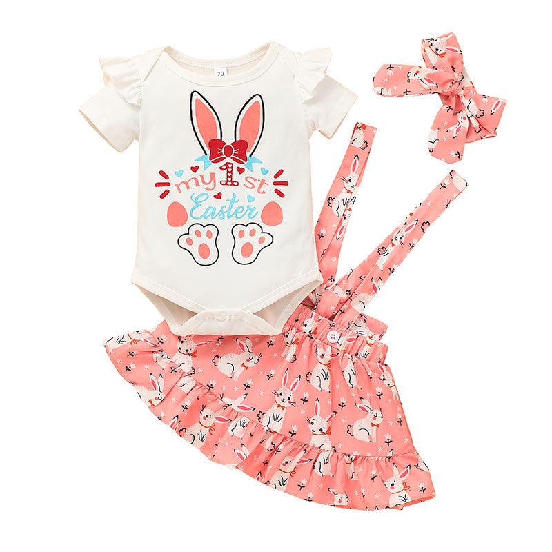 Baby Girl Solid Color Lovely Rabbit Short Sleeve One-piece Dress Printed Suspender Skirt Set - PrettyKid