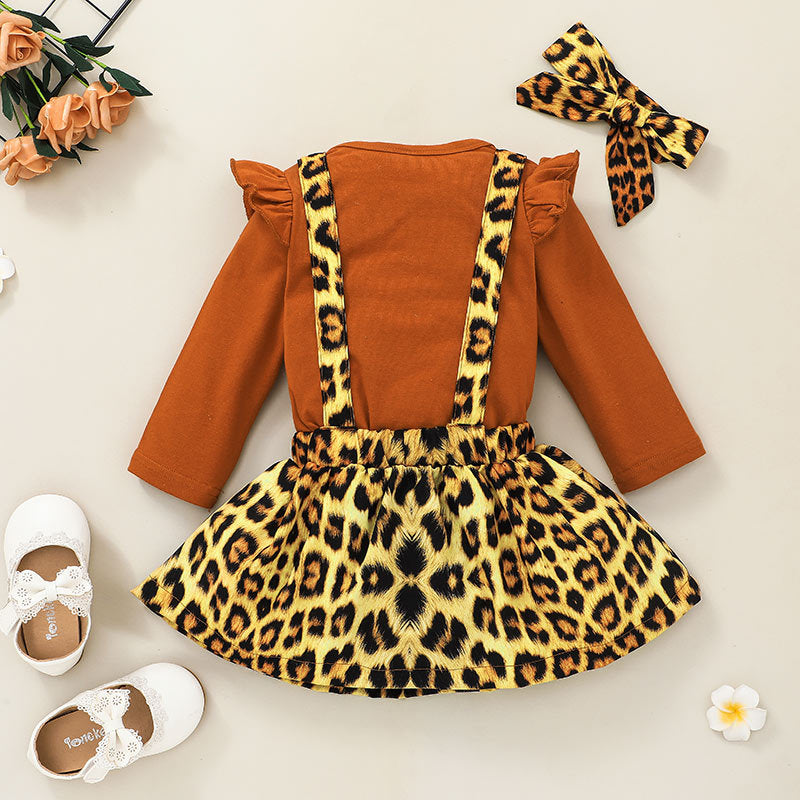 Baby Girls Leopard Print Lettered Halter Skirt Long Sleeve Jumpsuit - PrettyKid