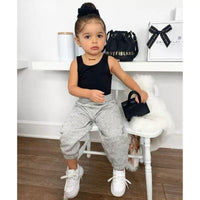 Toddler Kids Girls Black Sleeveless Vest Grey Sportswear Suit - PrettyKid