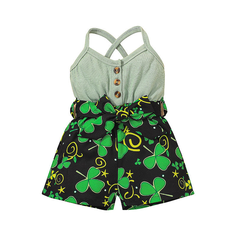 Toddler Girls Solid Colour Sleeveless Camisole Clover Print Jumpsuit - PrettyKid