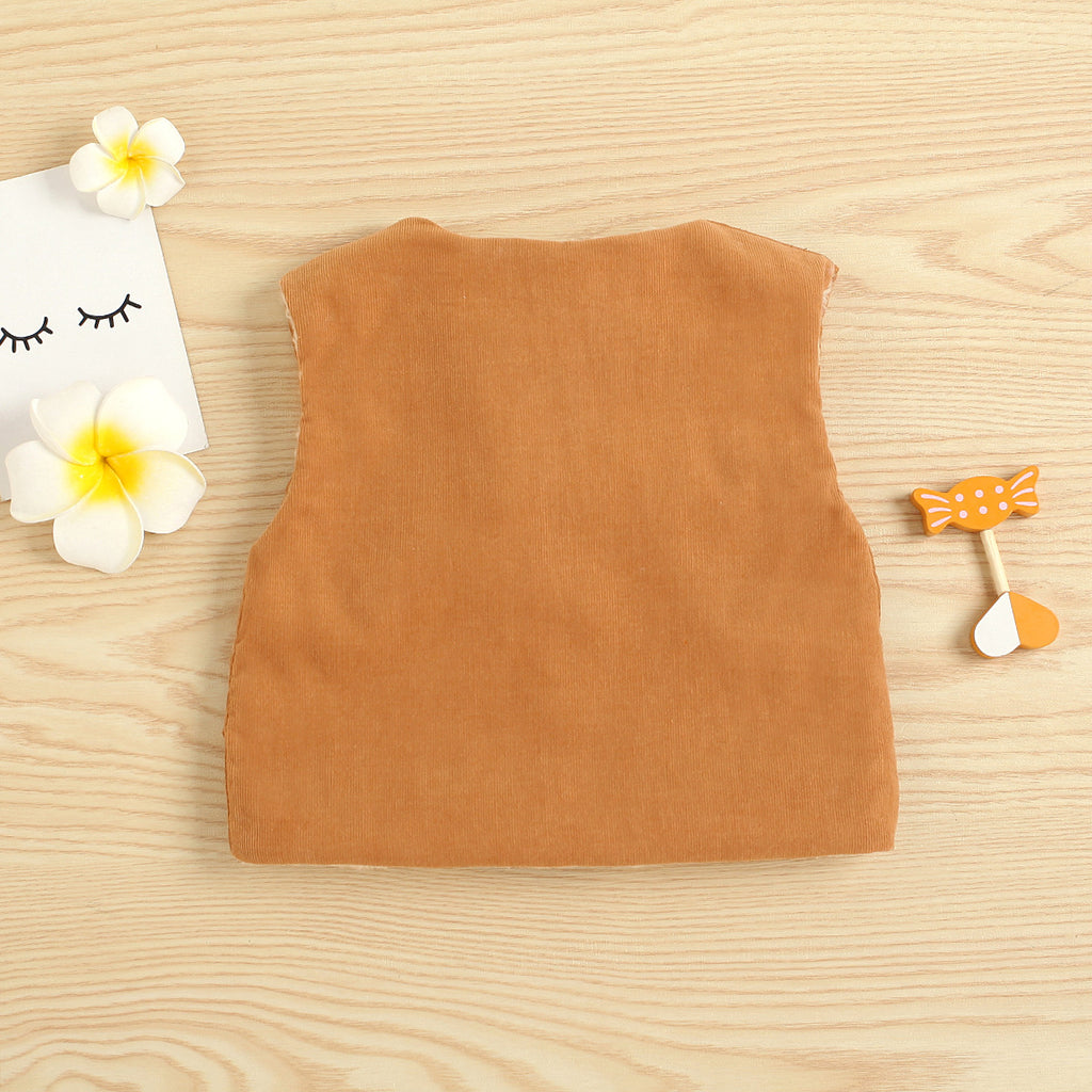 Toddler Kids Girls Corduroy Flower Embroidered Plush Vest - PrettyKid