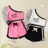 Girls' Diagonal Neck One Shoulder Top Shorts Girls' Two Piece Set