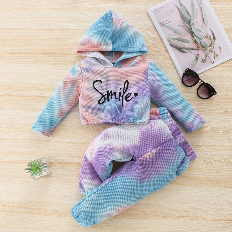 Toddler Kids Girls' Letter Printed Tie Dyed Hoodie Long Sleeve Set - PrettyKid