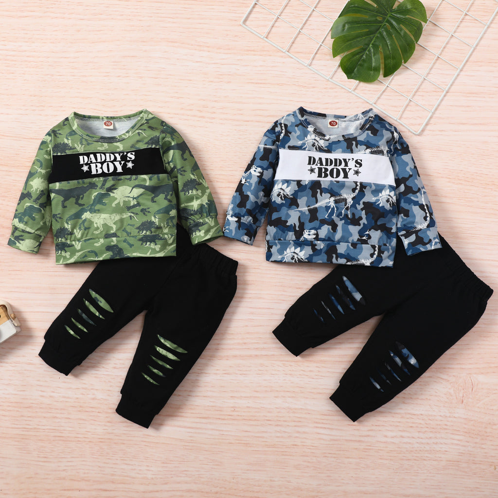 Toddler Kids Boys Lettered Dinosaur Print Long Sleeve Sweatshirt Ripped Trousers Set - PrettyKid