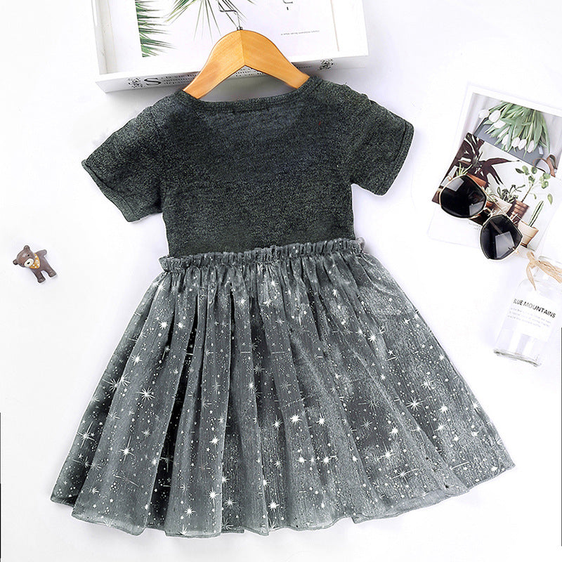 Toddler Kids Girl's Solid Bow Star Print Screen Stitched Short Sleeve Dress - PrettyKid