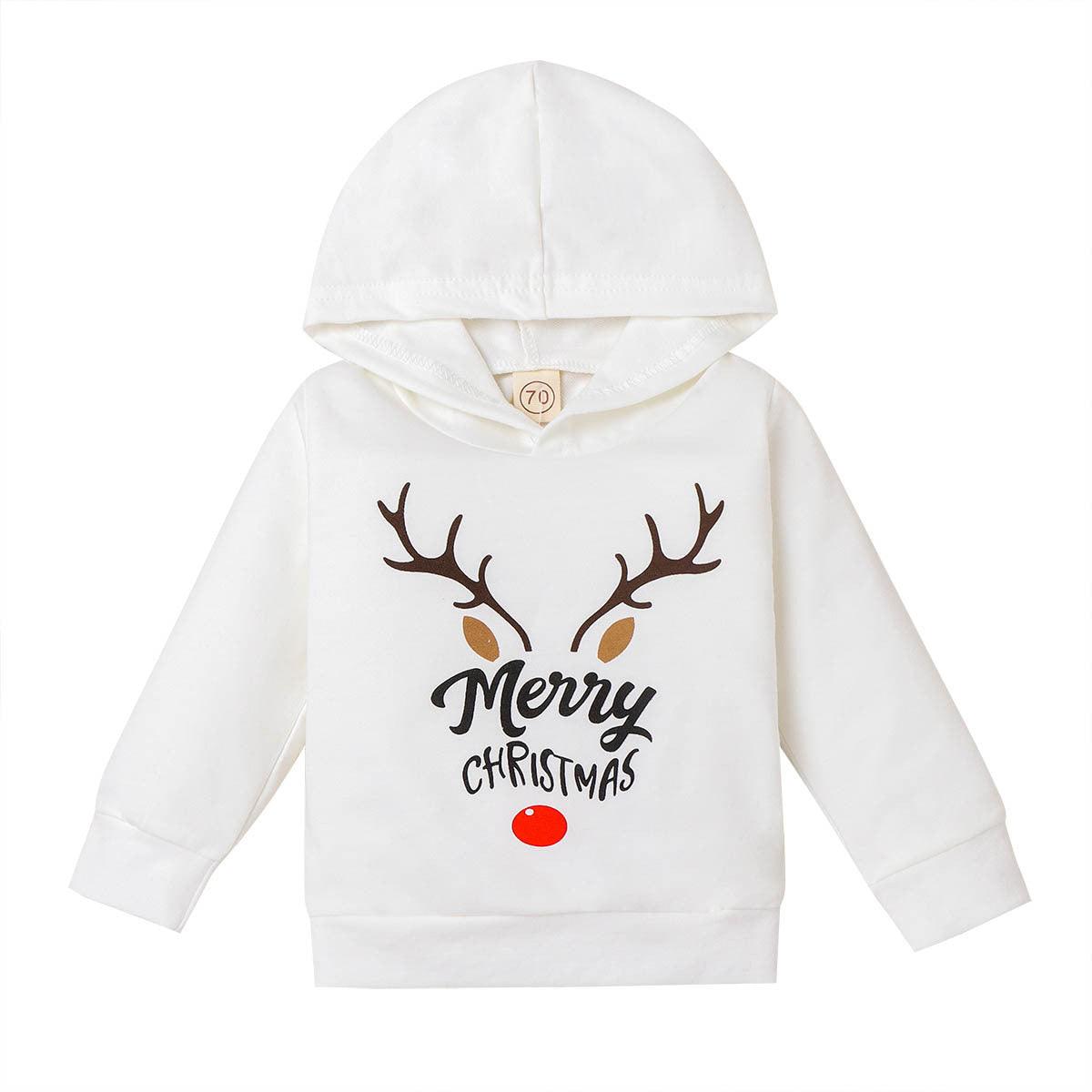 Toddler Kids Boys Girls Solid Christmas Elk Letter Print Hoodie - PrettyKid