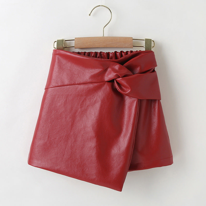 Children Girls PU Leather Red Pleated Skirt - PrettyKid