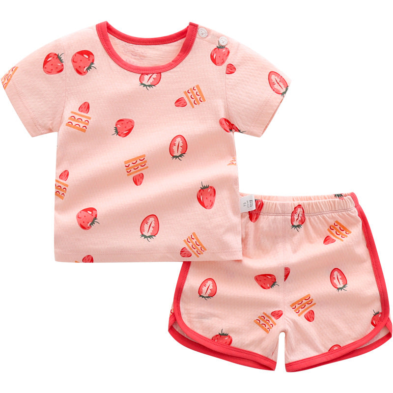Toddler Summer Solid Color Cartoon Print Short-sleeved Sports Suit - PrettyKid