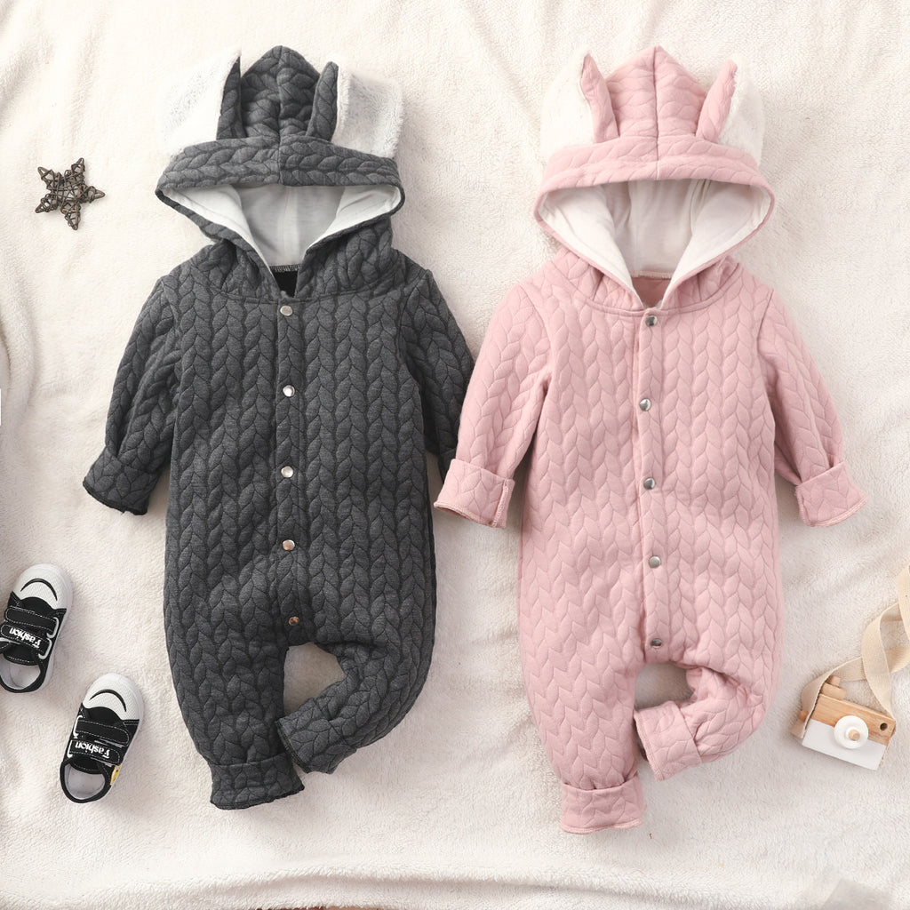 Baby Boys Girls Solid Color Lovely Ears Long Sleeve Hooded Jumpsuit - PrettyKid