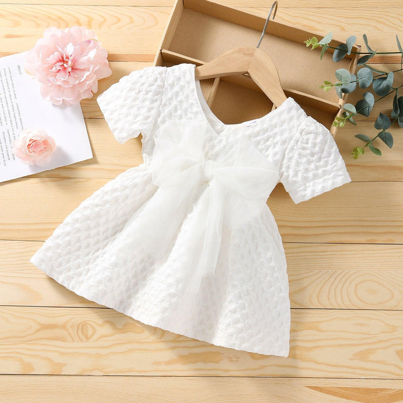 6months-4years Baby Girl Party Dresses V-Neck Solid Color Mesh Bow Short Sleeves Wholesale Baby Clothes In Bulk - PrettyKid