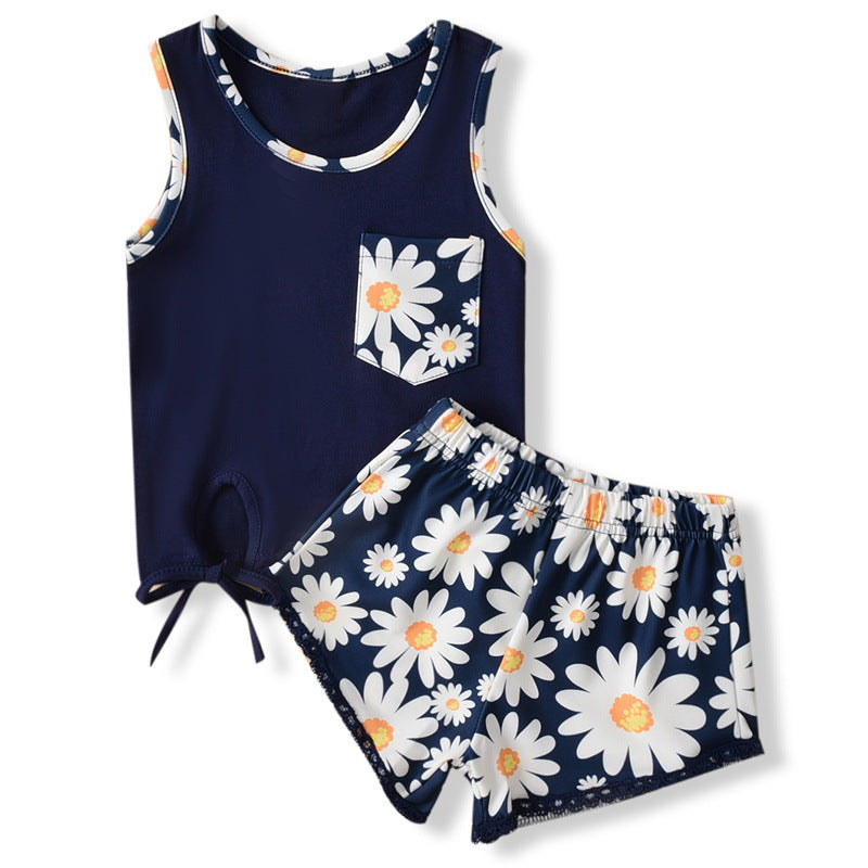 Toddler Girls Solid Sleeveless Vest Floral Print Shorts Set - PrettyKid