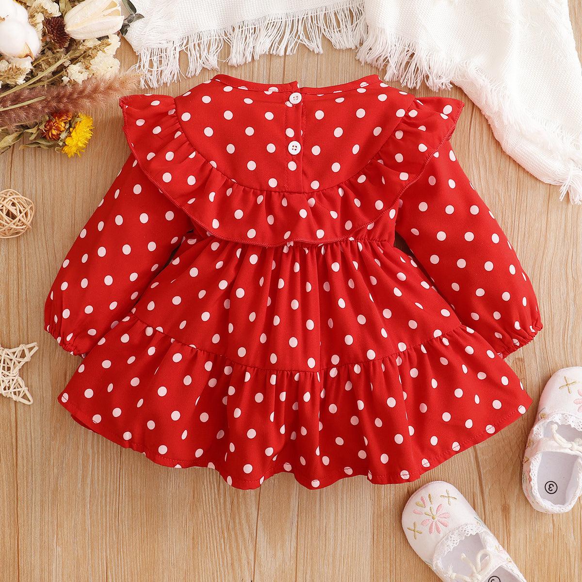 Toddler Girls Red Wave Dot Long Sleeve Dress - PrettyKid