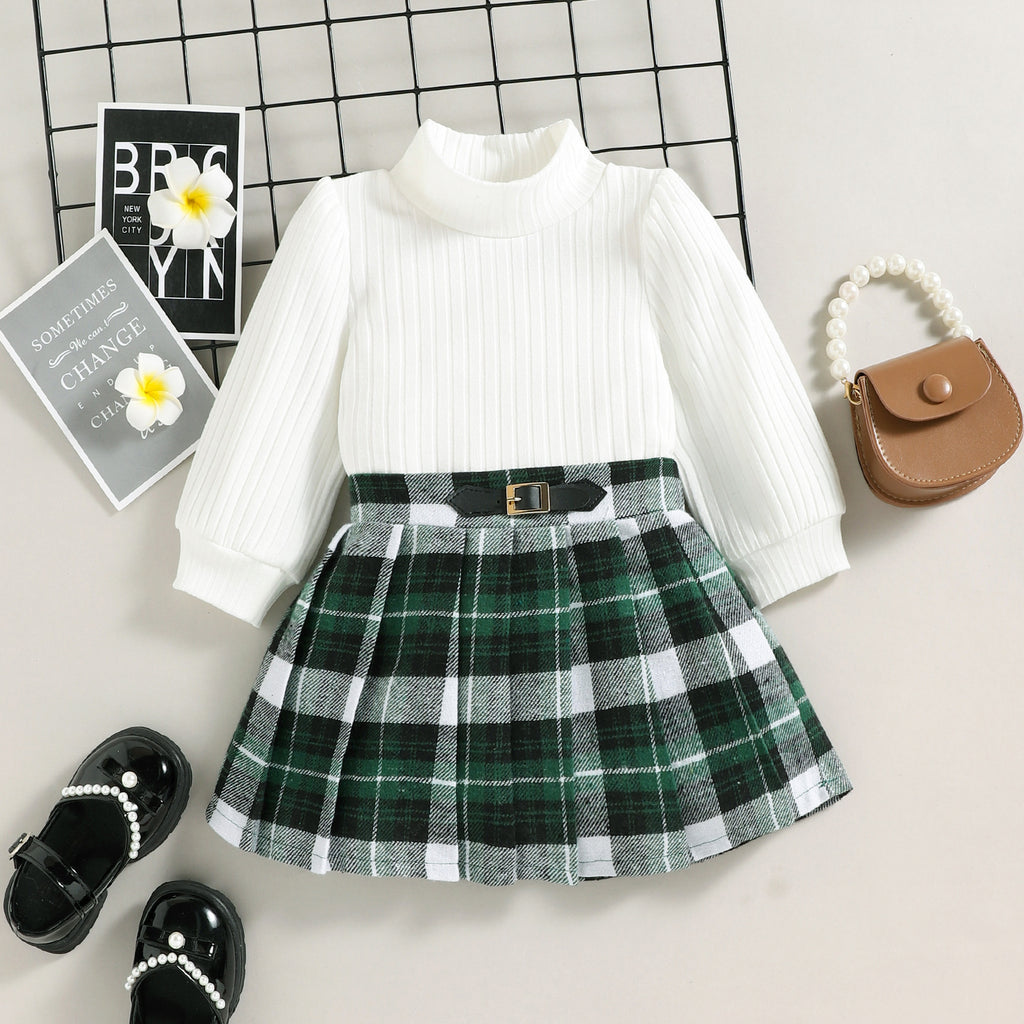 Toddler Girls Solid Color High Collar Long Sleeve Plaid Printed Pleated Skirt Suit - PrettyKid