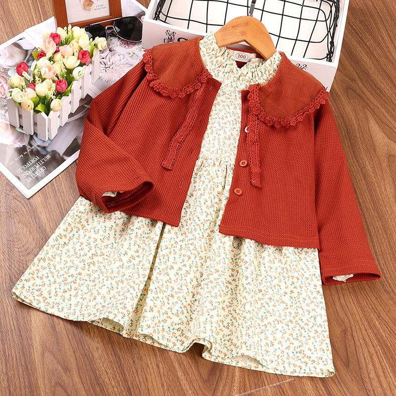 Toddler Kids Girls Floral Print Long-sleeved Dress Solid Color Cardigan Coat Set - PrettyKid