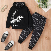 Toddler Kids Boys Dinosaur Print Long Sleeved Hooded Sweatshirt Suit - PrettyKid