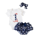 Baby Girls Solid Letter Short Sleeve Jumpsuit Star Print Triangle Shorts Set Independent Day Dress - PrettyKid